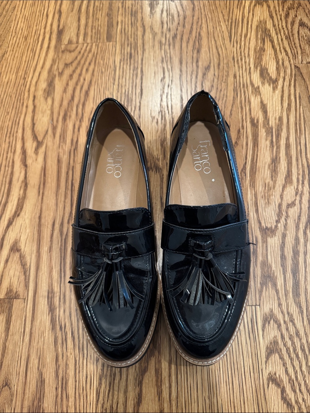 Franco Sarto Black Patent Tassel Penny Loafers